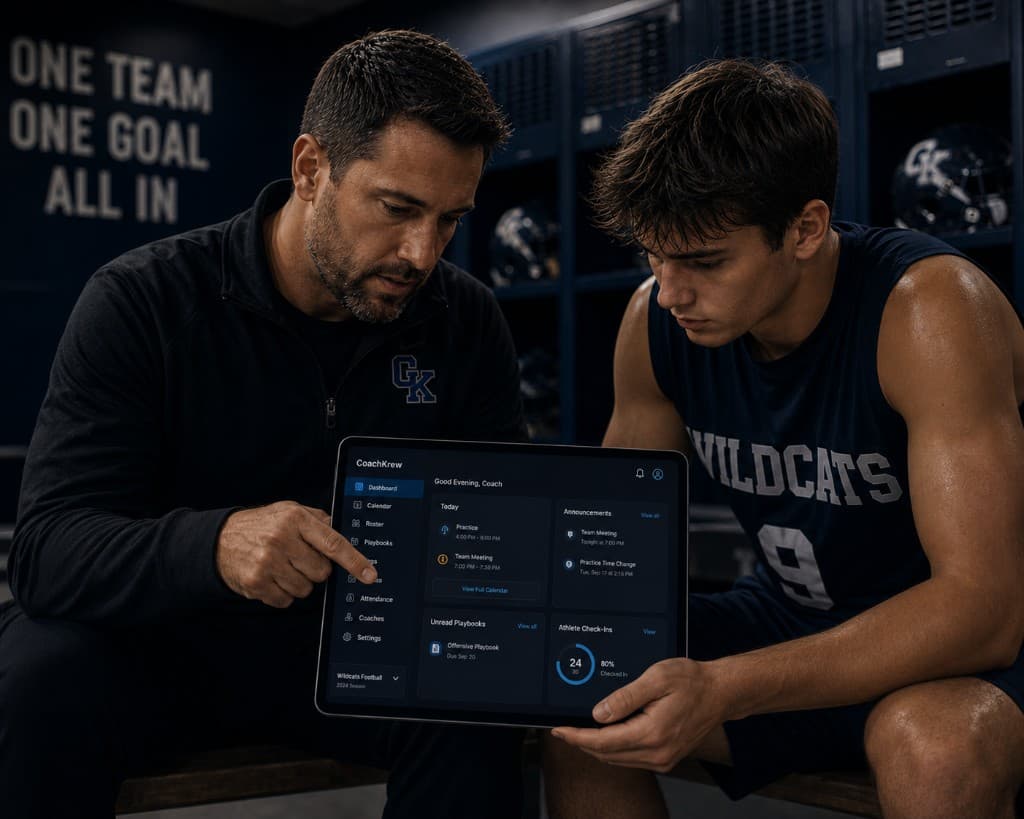 Football coach and athlete reviewing team information in CoachKrew on a tablet