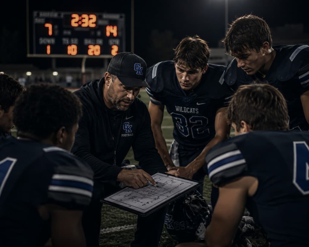 Football coach reviewing a play with players during a team huddle